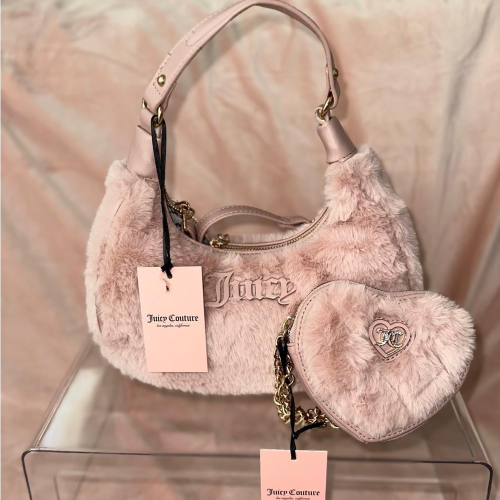 Juicy Couture Pink Plush Shoulder Bag with Metallic Accents